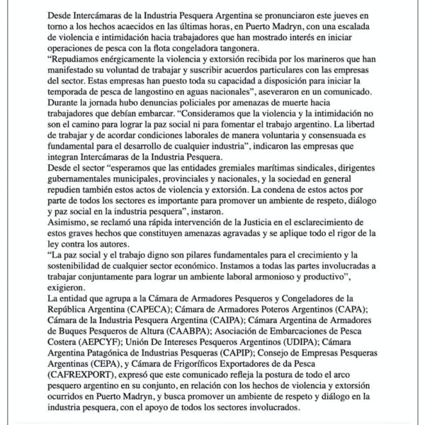 Intercámaras pesqueras repudiaron la violencia y exigieron garantías para los marineros que quieren trabajar