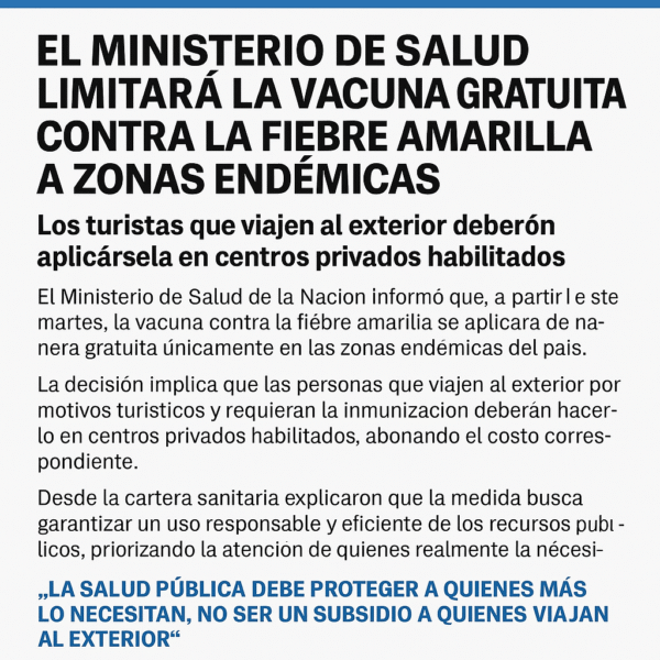 El Ministerio de Salud limitará la vacuna gratuita contra la fiebre amarilla a zonas endémicas
