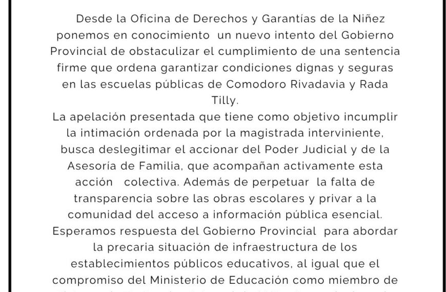 Comunicado de la Oficina de Derechos y Garantías: El Estado Provincial busca deslegitimar la acción judicial colectiva que protege el derecho a la educación