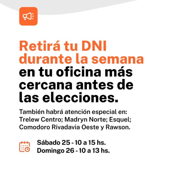 El Registro Civil de Comodoro Rivadavia abrirá el fin de semana para entregar DNI antes de las elecciones