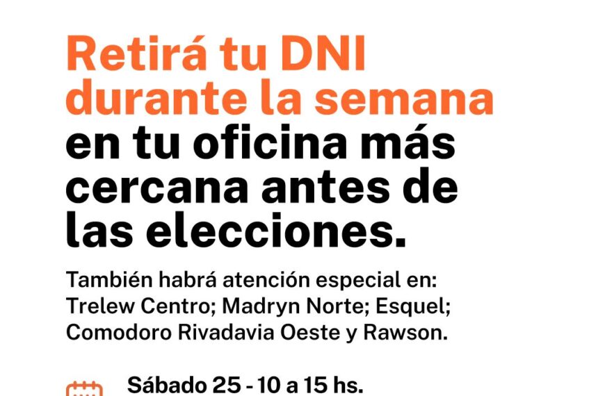 El Registro Civil de Comodoro Rivadavia abrirá el fin de semana para entregar DNI antes de las elecciones