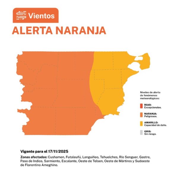 Actualizan alerta naranja por vientos fuertes para este lunes en la región