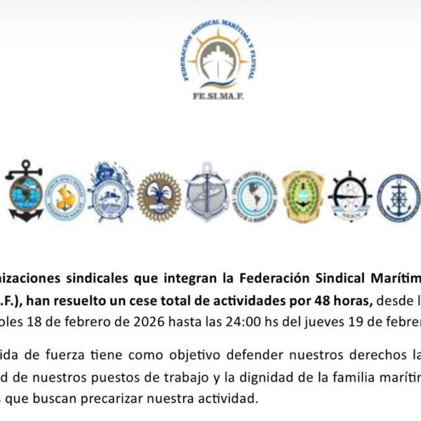 La Federación Sindical Marítima y Fluvial anunció un paro total de actividades por 48 horas
