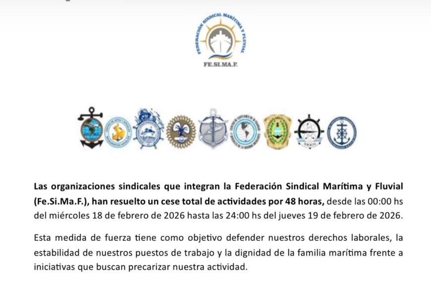 La Federación Sindical Marítima y Fluvial anunció un paro total de actividades por 48 horas