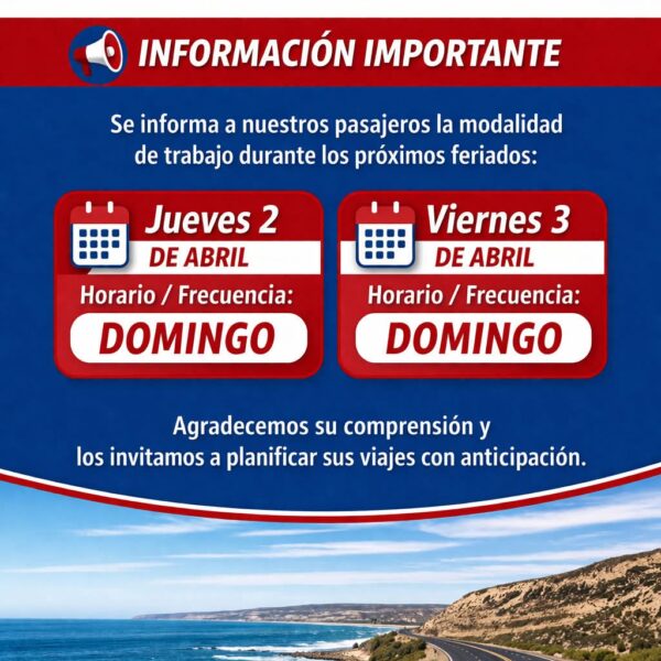 Cambios en el servicio de transporte por feriados en Rada Tilly