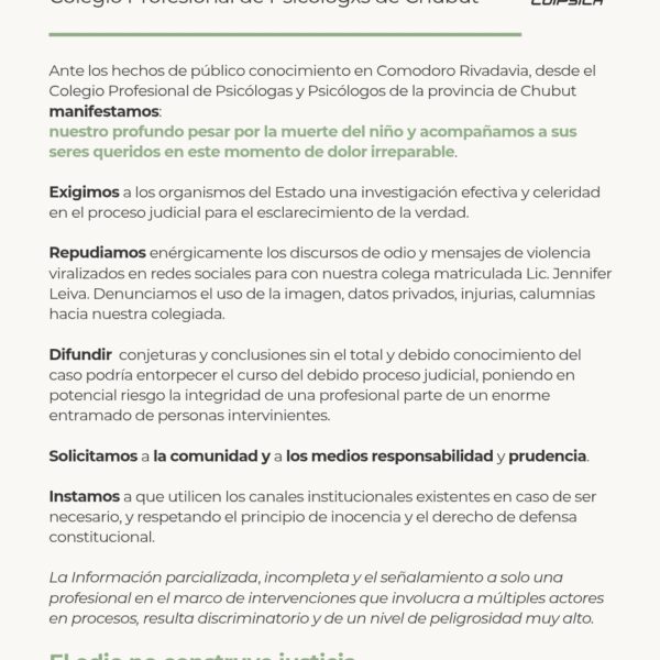 Psicólogos de Chubut piden prudencia y una investigación urgente tras la muerte de un niño