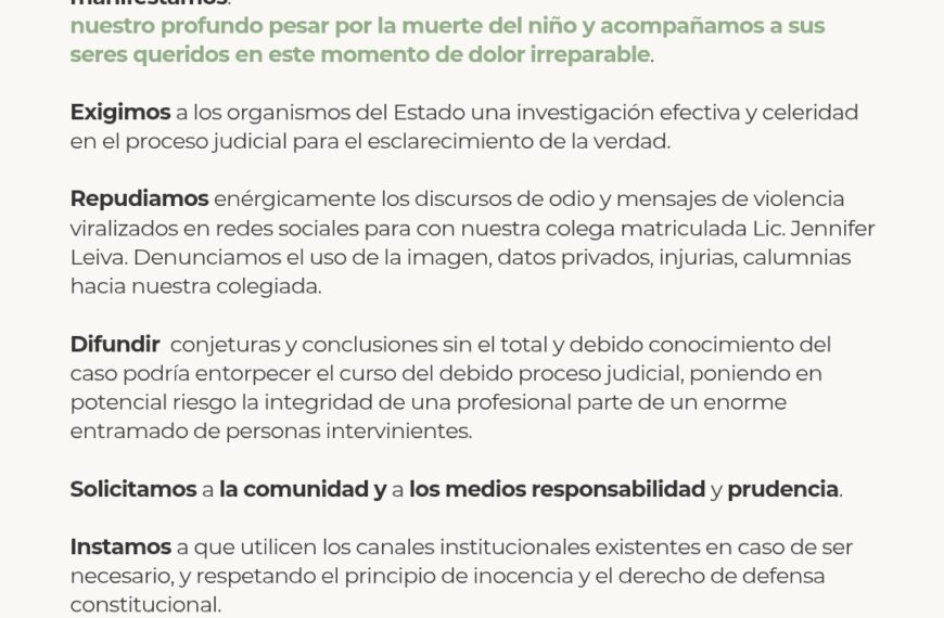 Psicólogos de Chubut piden prudencia y una investigación urgente tras la muerte de un niño